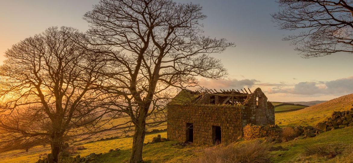 Roach End Barn at sunset, an old derelict out building which was probably part of Roachend Farm.