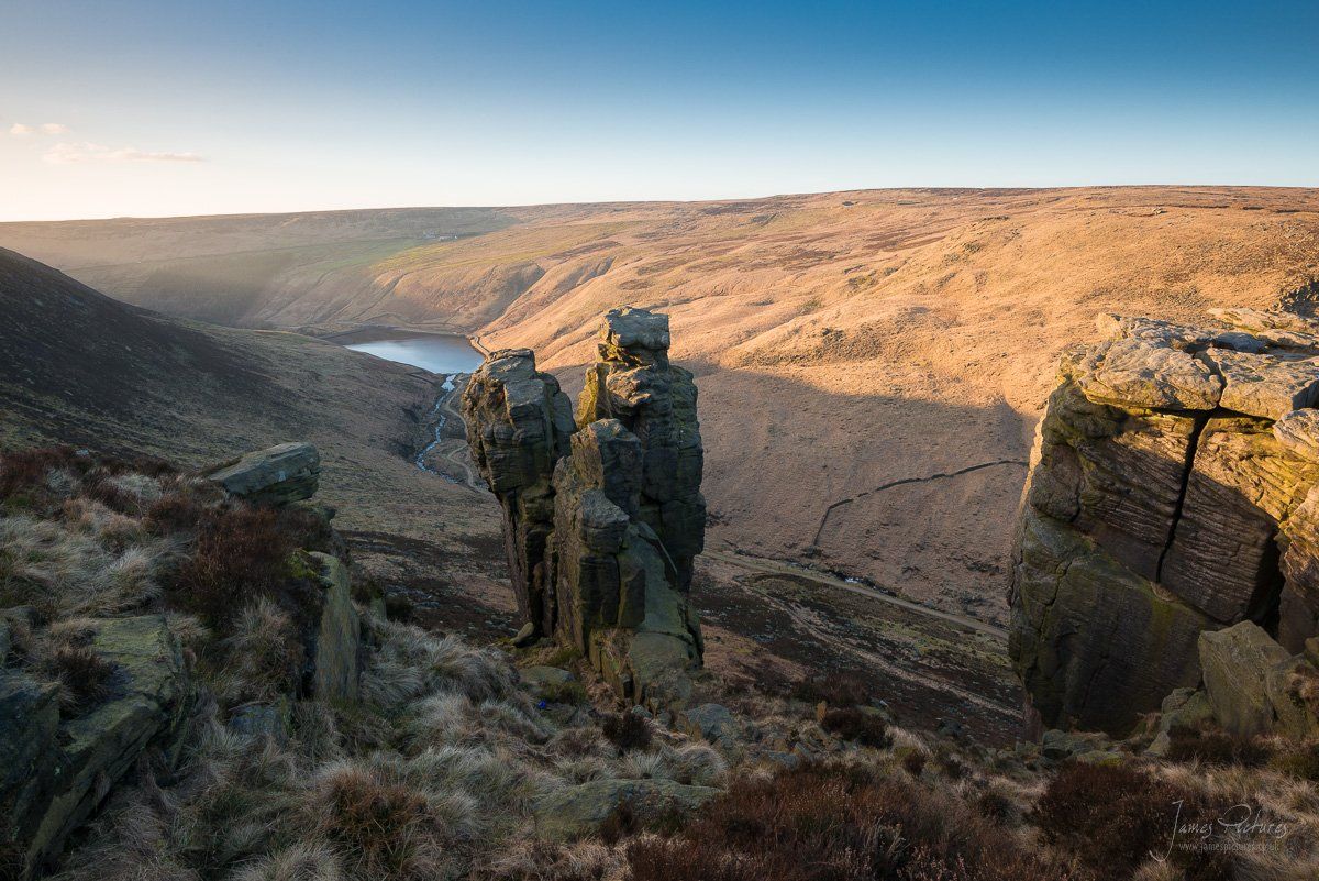 The Trinnacle at Saddleworth Moor,providing a great feature in an otherwise baron sparse landscape, over looking Greenfeild Reservoir.