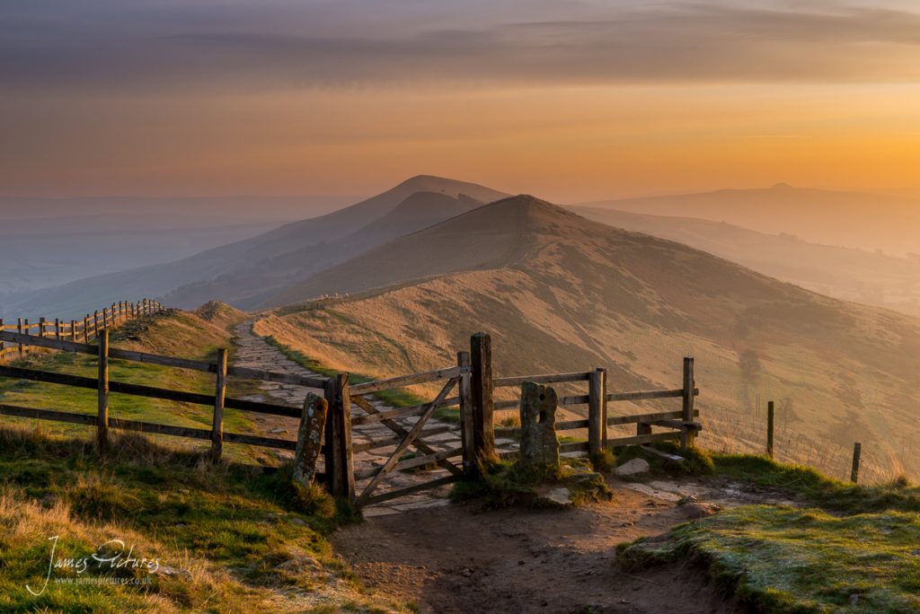 The sun casting some side light onto Hollins Hill and Back Tor, on the Great Ridge in the Peak District.