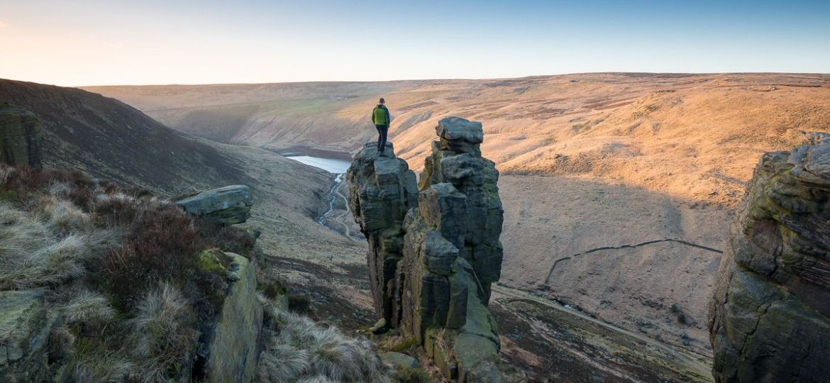 Admiring the views over Saddleworth Moor and Greenfield Reservoir.