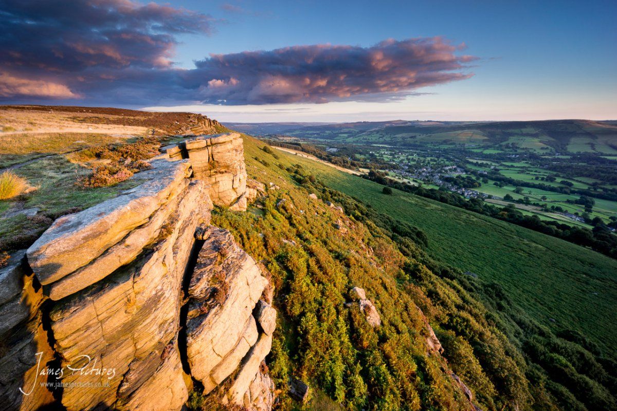 Bamford Edge Gritstone The gritstone on Bamford Edge is lighted up by the setting sun